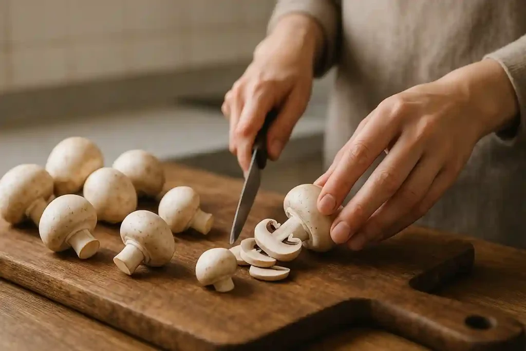 Hands slicing fresh white mushrooms on a wooden cutting board, highlighting the health benefits of white mushroom nutrition.