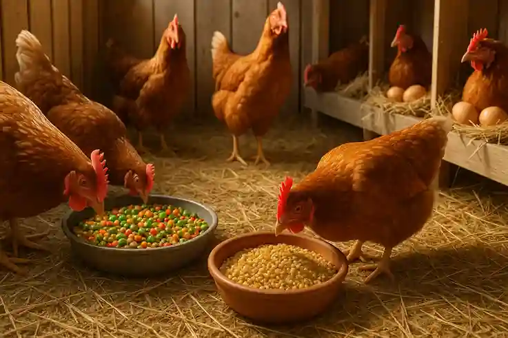 Healthy hens in a bright coop eating nutrient-rich feed with vitamin pellets – showing why Chicken Vitamins matter