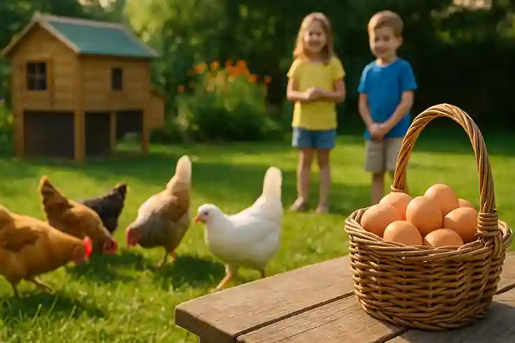 Happy family enjoying backyard chickens with a small coop, fresh eggs, and a sunny garden.