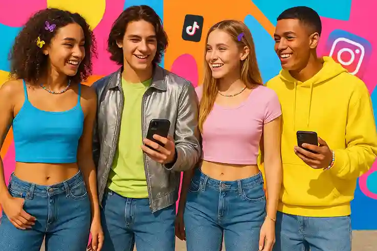Why Gen Z Loves Y2K Fashion Bold Playful and Nostalgic Gen Z teens confidently wearing Y2K Fashion with crop tops, low-rise jeans, metallic jackets, chunky sneakers, and playful accessories.