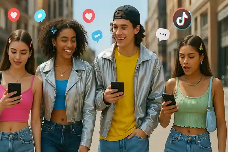 Why Y2K Fashion is Trending Again Among Gen Z Gen Z influencers wearing Y2K Fashion with crop tops, low-rise jeans, metallic jackets, and chunky sneakers, sharing styles on social media.