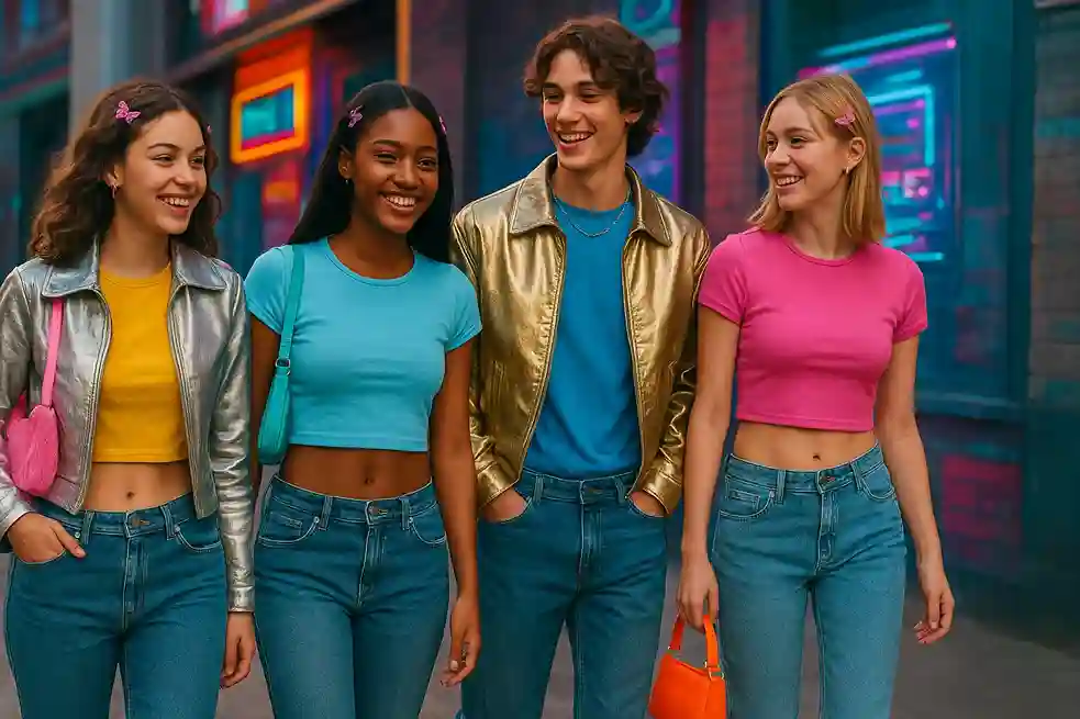 Young adults showcasing Y2K Fashion with metallic jackets, low-rise jeans, baby tees, chunky sneakers, and playful accessories.