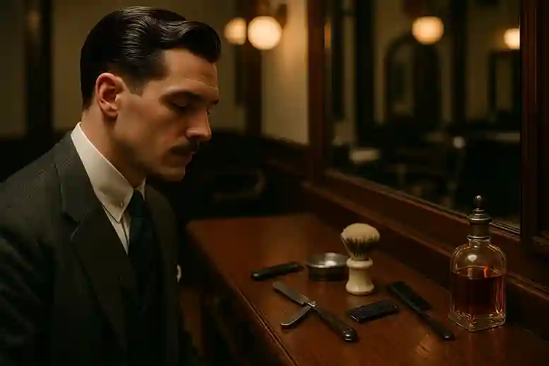 1920s fashion men grooming with slick side-part hairstyle, pomade shine, and vintage barbershop elegance.