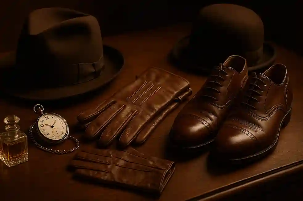 1920s fashion men accessories featuring hat, pocket watch, gloves, shoes, and scent symbolizing timeless elegance.