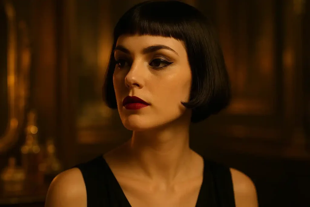 1920s woman with bob haircut, red lips, and kohl eyeliner symbolizing power and rebellion.
