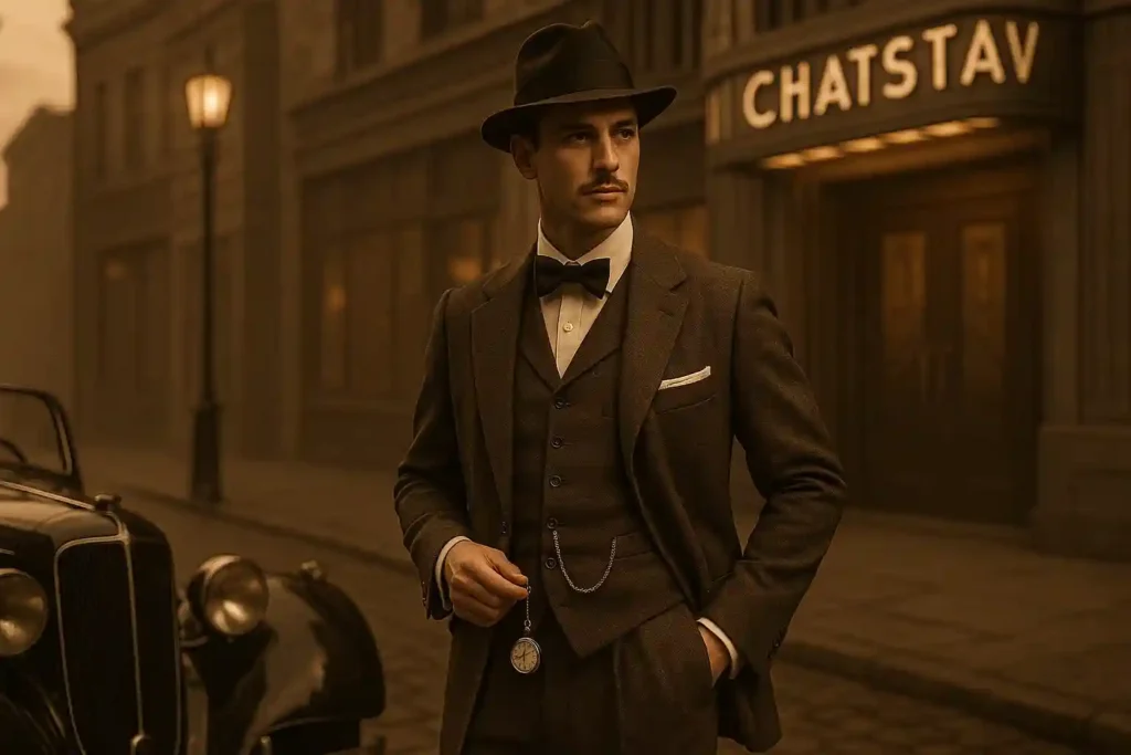 1920s men fashion with a gentleman in a vintage suit, fedora, and bow tie, showcasing timeless Jazz Age elegance.