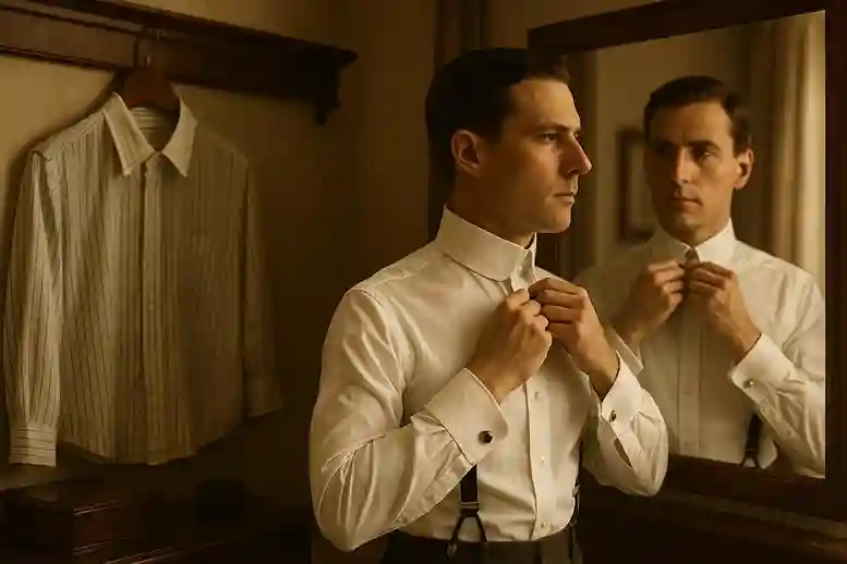 1920s men fashion with crisp white shirts, detachable collars, cufflinks, and sleeve garters symbolizing refined elegance.