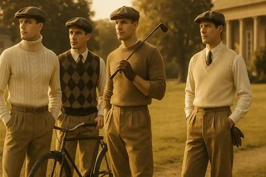 1920s men fashion featuring sporty attire with sweaters, plus fours, and flat caps, reflecting vintage leisure style.