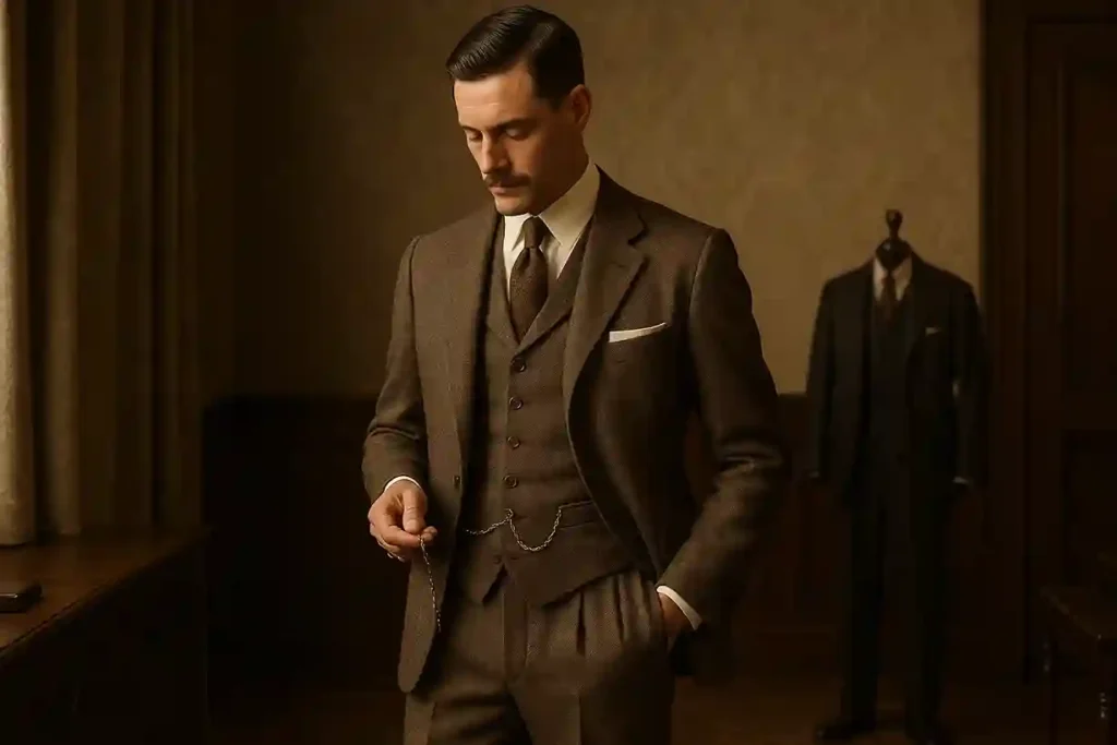 1920s men fashion featuring a gentleman in a classic three-piece tweed, wool, or linen suit, symbolizing timeless elegance.
