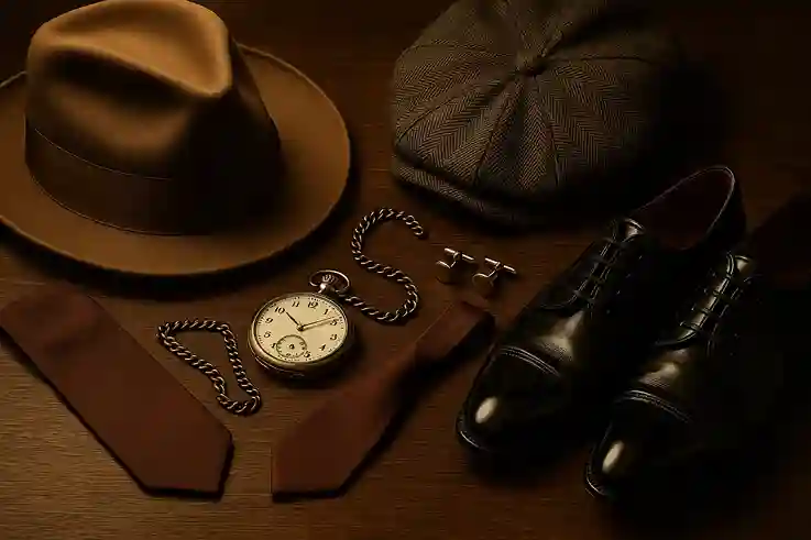 1920s men’s accessories including fedora, pocket watch, and polished shoes symbolizing elegance.