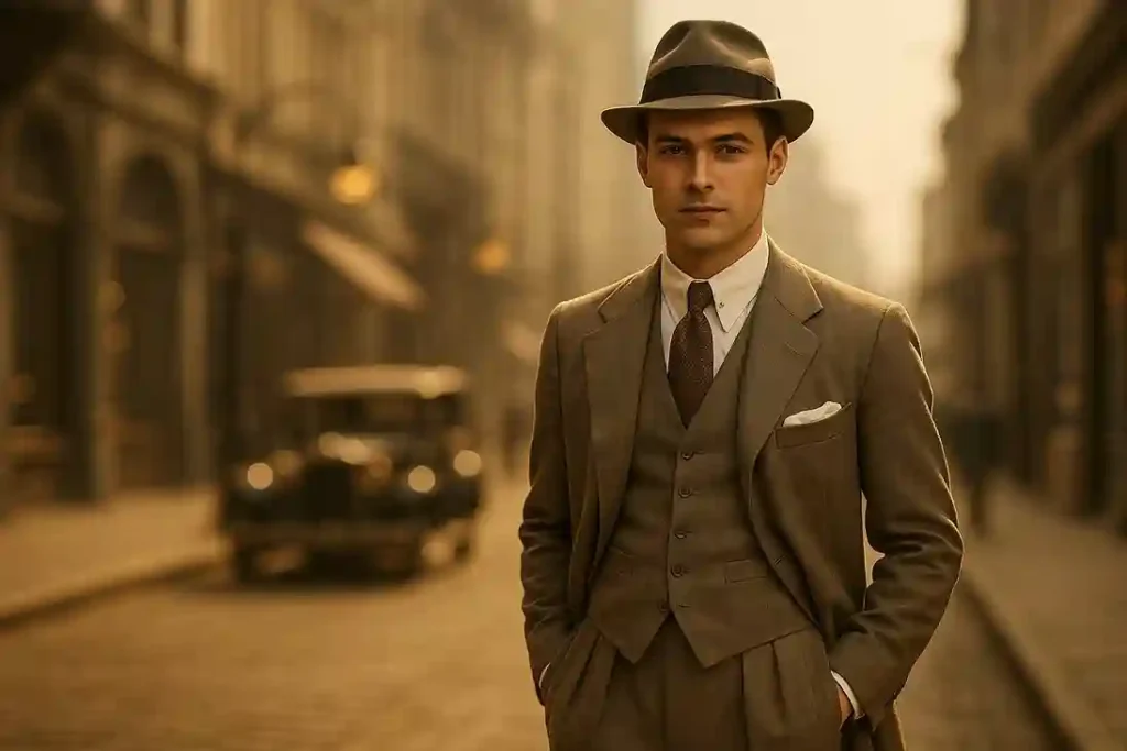 1920s man in a relaxed three-piece suit symbolizing postwar freedom and modern style.