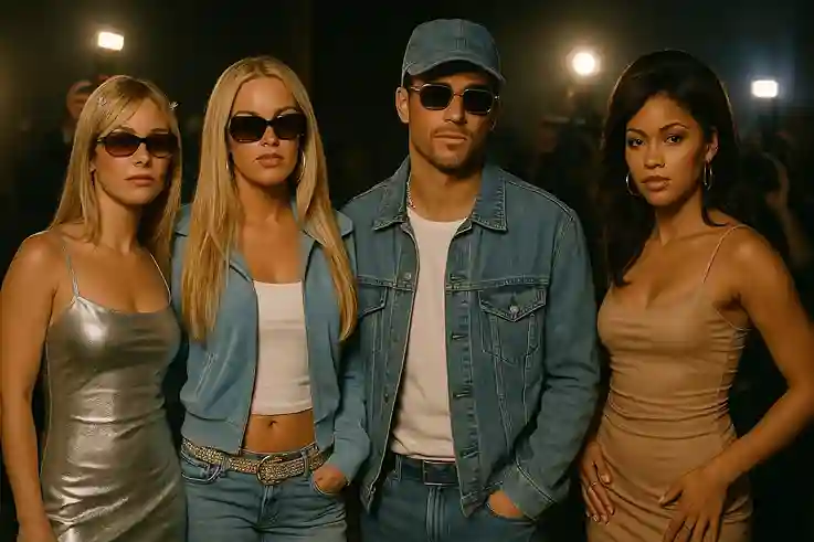 fashion icons posing in Y2K outfits with denim, metallics, and bold accessories.