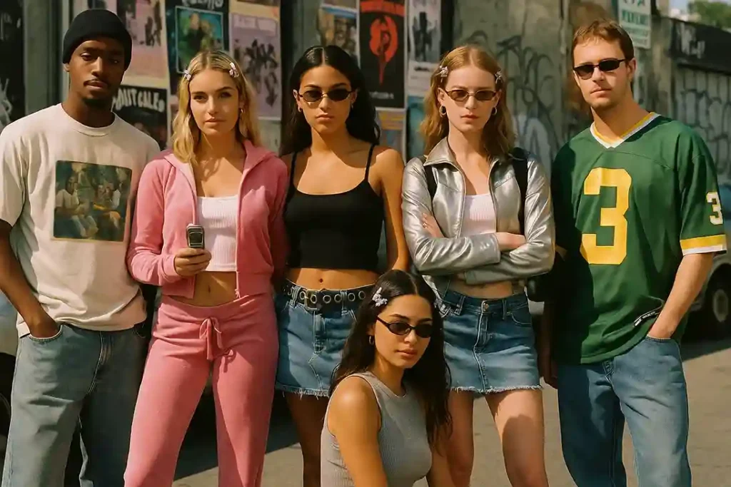 2000s fashion street-style scene with denim, metallics, and Y2K accessories.
