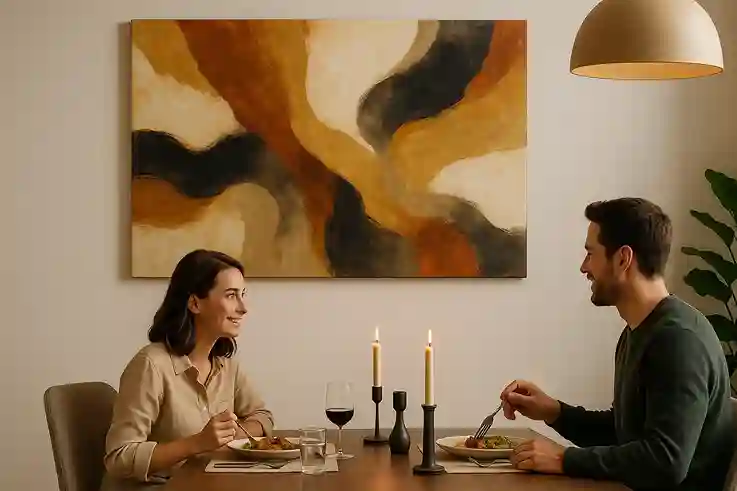 A family dining in a modern space with elegant abstract wall art in warm gold and rust tones creating a cozy, stylish atmosphere.