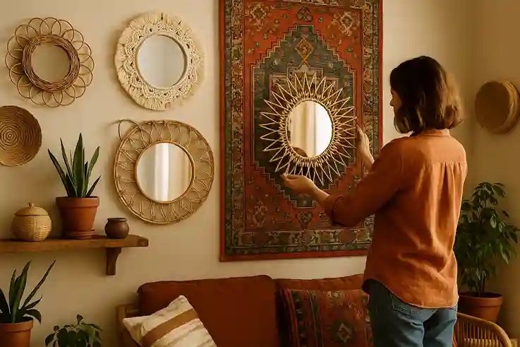 Boho Wall Decor featuring decorative mirrors with rattan and macramé frames in a cozy living space.