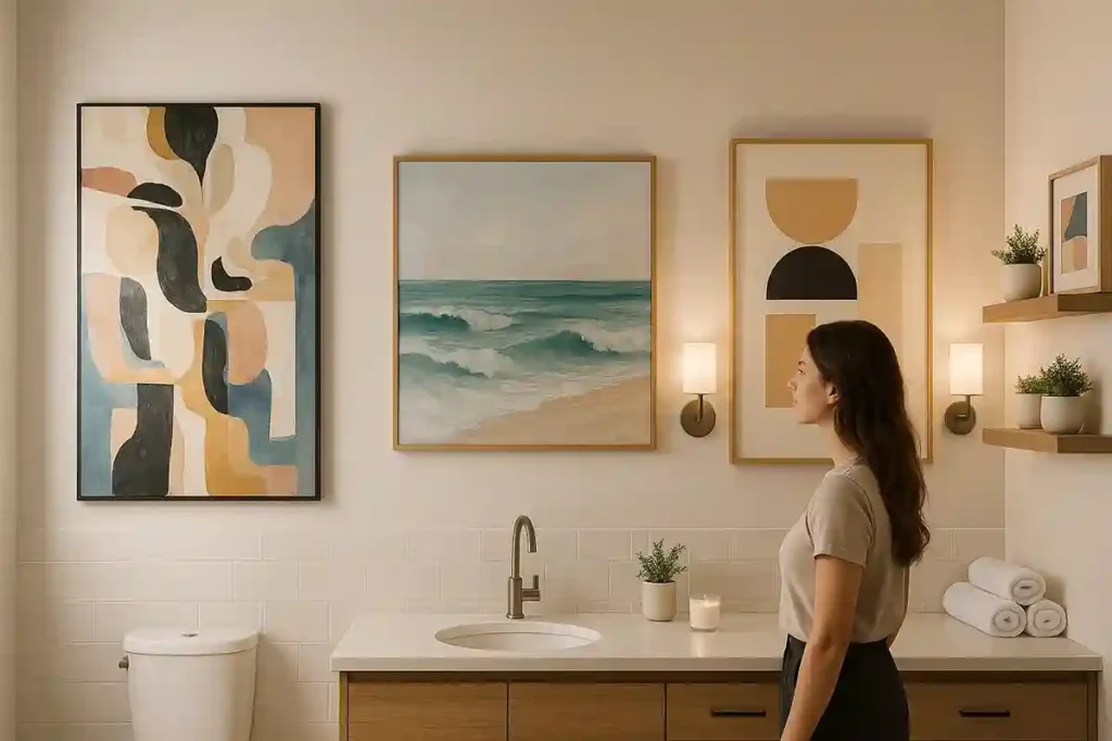 A woman in her late 20s admiring abstract wall art that enhances modern bathroom wall decor with style and personality.