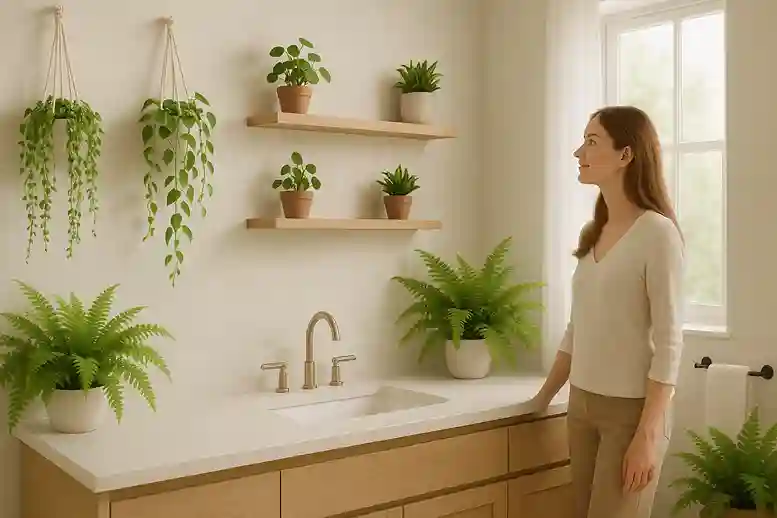A woman in her late 20s admiring lush greenery in a modern bathroom, enhancing the bathroom wall decor and creating calm.