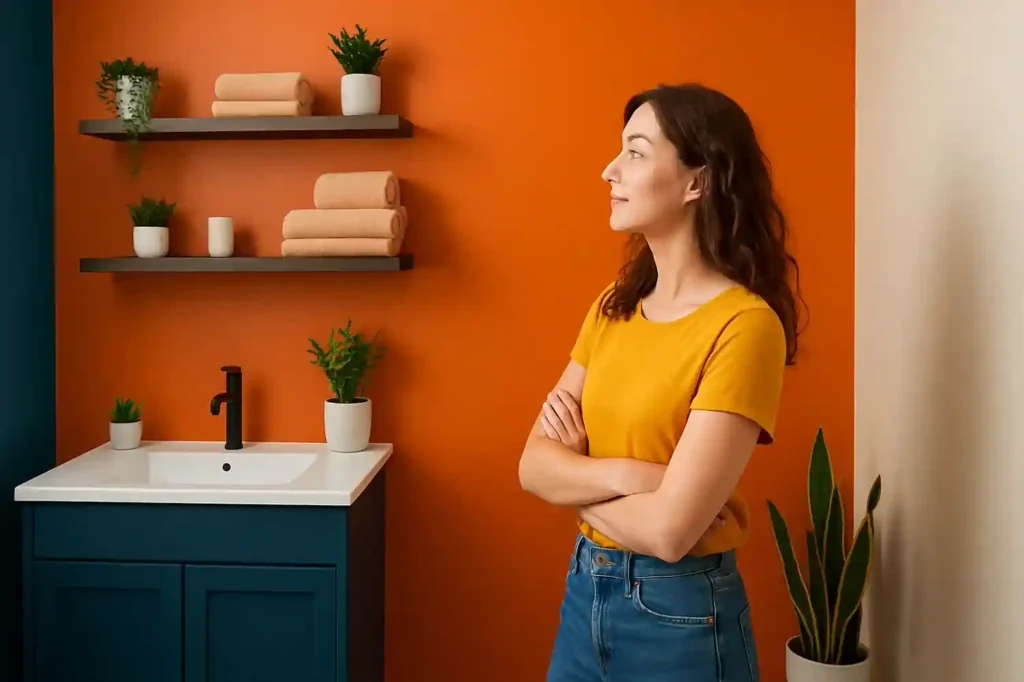 A woman in her late 20s admiring bold-colored walls that energize and enhance modern bathroom wall decor with style and vibrance.