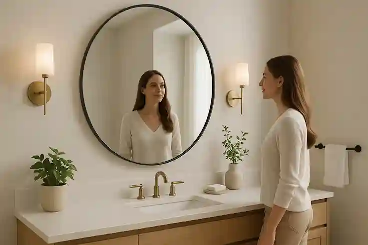 A woman in her late 20s admiring a statement mirror that enhances bathroom wall decor with light, style, and personality.