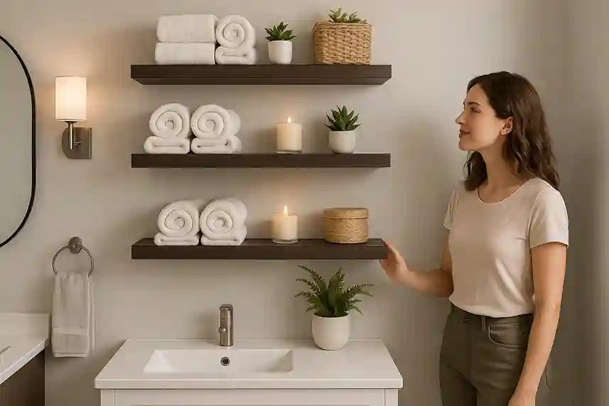 A woman in her late 20s admiring stylish floating shelves displaying towels, candles, and plants that enhance bathroom wall decor.