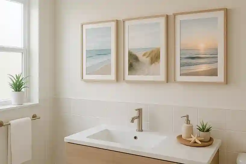 Bathroom featuring Beach and Coastal Landscape Bathroom Wall Art with ocean waves, sandy beaches, and coastal decor