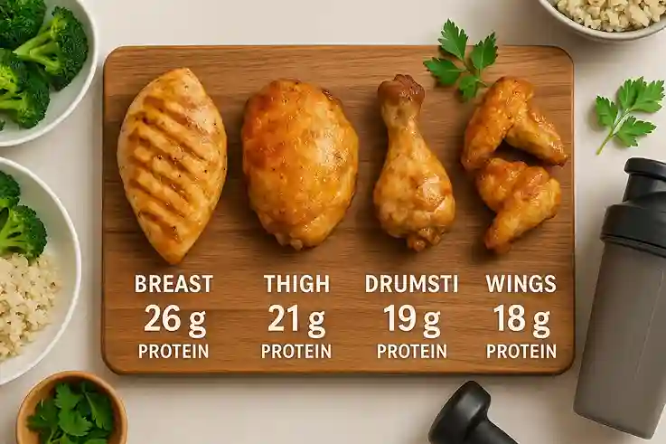 Different chicken cuts on a board with protein content labels, highlighting the best options for chicken protein intake.