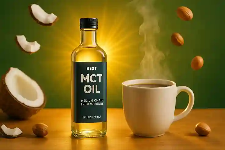 Bottle of Best MCT Oil with glowing aura next to steaming coffee and floating coconut and nuts, symbolizing clean energy.