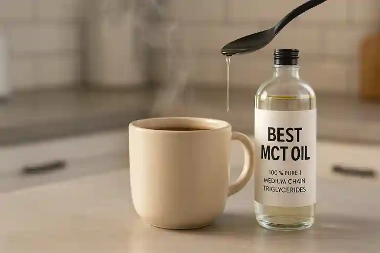 Steaming cup of coffee with Best MCT Oil being poured, highlighting energy, wellness, and coffee-focused health benefits.
