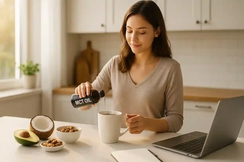 Person pouring Best MCT Oil into coffee with keto ingredients on a bright kitchen counter, symbolizing clean energy.