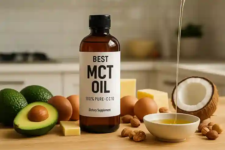 Bottle of Best MCT Oil with keto diet ingredients like avocado, eggs, and nuts, highlighting clean energy and wellness.