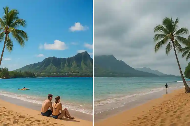 Sunny and rainy Hawaiian beach scenes highlight the best time to travel to Hawaii for the perfect vacation.