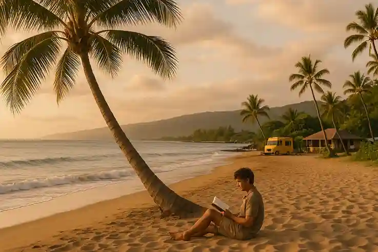 Traveler relaxing on a quiet Hawaiian beach with palm trees, showing the best time to travel to Hawaii for budget-friendly calm.
