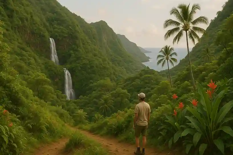 Traveler on a quiet Hawaiian trail with waterfalls and greenery, showing the best time to travel to Hawaii for nature and quiet.