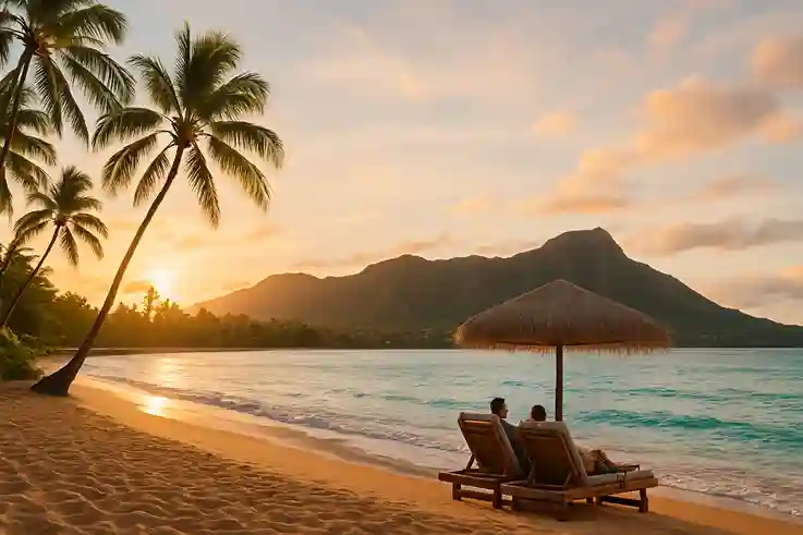 Scenic Hawaiian beach at sunset with palm trees, mountains, and a couple relaxing — Best Time to Travel to Hawaii.