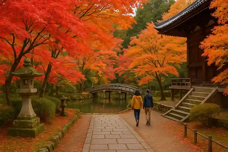 Autumn leaves in Japan with temples, gardens, and calm pathways, showcasing the Best Time to Travel to Japan.