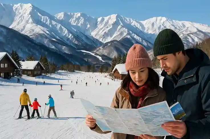 Travelers planning with maps and guidebooks amid Japan’s seasonal scenes, showing the Best Time to Travel to Japan.