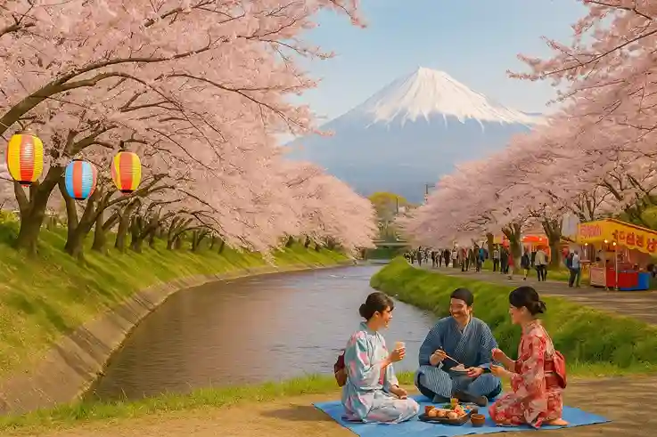 Cherry blossoms in full bloom with Mount Fuji and a spring festival scene, showing the Best Time to Travel to Japan.