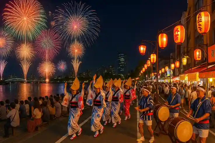 Summer fireworks over Tokyo Bay and Osaka rivers with parades and drummers, showing the Best Time to Travel to Japan.