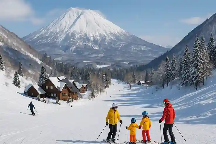 Skiers on snowy slopes in Hokkaido and Nagano with cozy lodges, showing why winter is the Best Time to Travel to Japan.