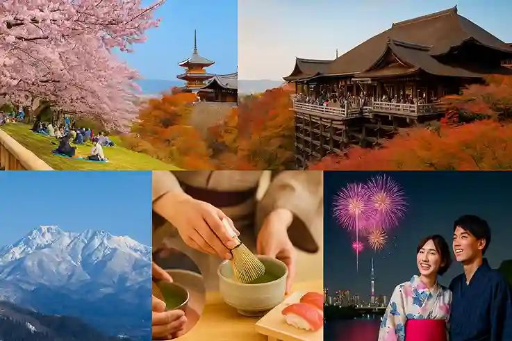 Collage of cherry blossoms, autumn leaves, snowy mountains, and festivals showing the Best Time to Travel to Japan.