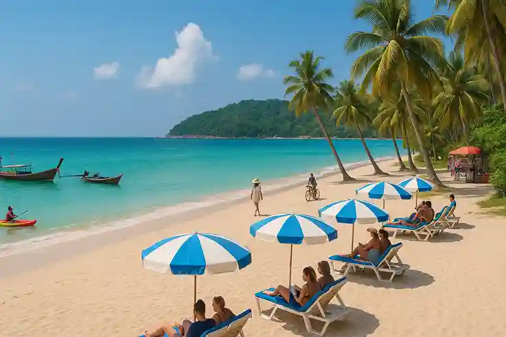 Sunny Thai beach during the cool and dry season, tourists enjoying clear waters and outdoor activities, representing the Best Time to Travel to Thailand.