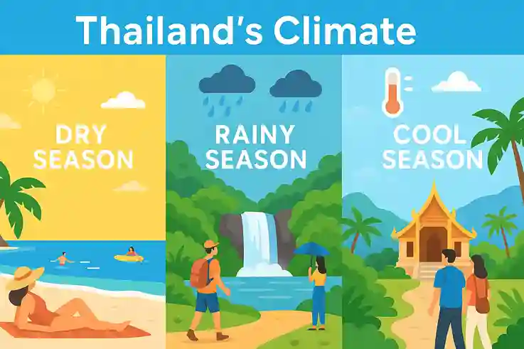 Thailand’s climate at a glance showing sunny beaches, green forests, and seasonal weather icons for the Best Time to Travel to Thailand.