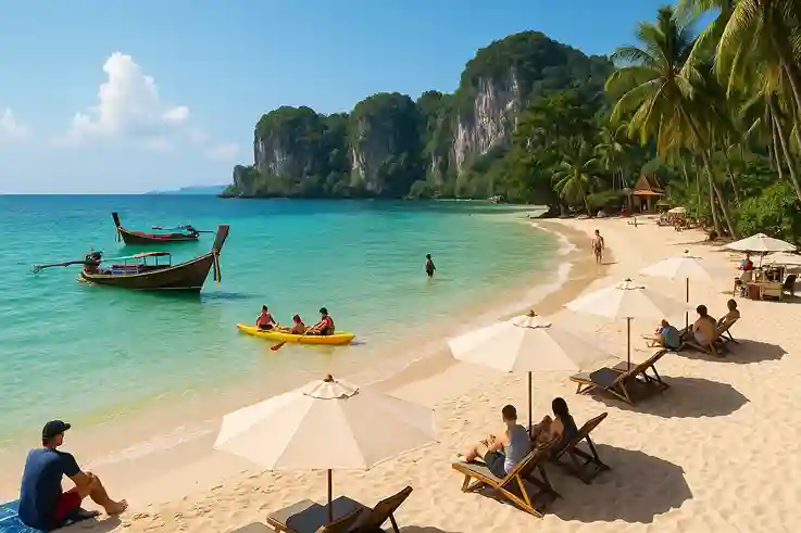 Best Time to Travel to Thailand: Tourists enjoying a sunny tropical beach with clear waters and palm trees.