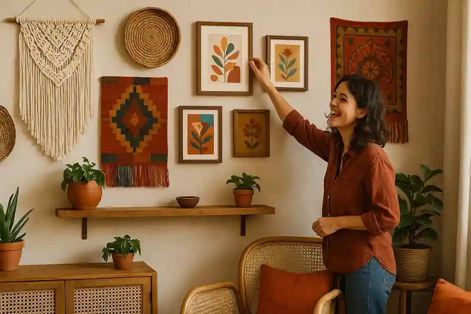 Boho wall decor with macramé hangings, colorful tapestries, and a person arranging them in a cozy living space.