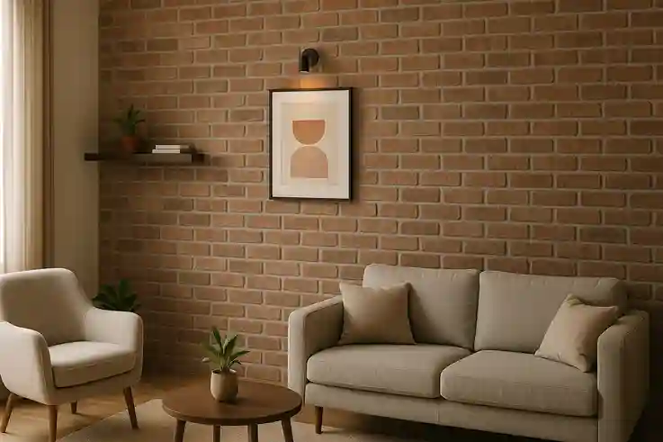 Modern living room featuring an accent brick wall, showcasing stylish brick wall décor ideas.