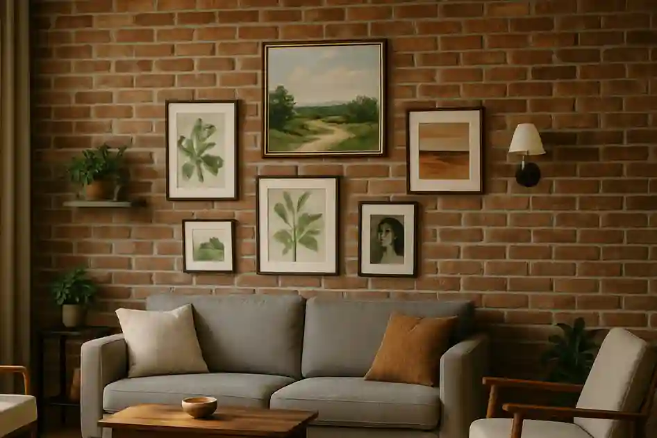 Interior with a brick wall decorated with framed artwork, showcasing stylish brick wall décor ideas.