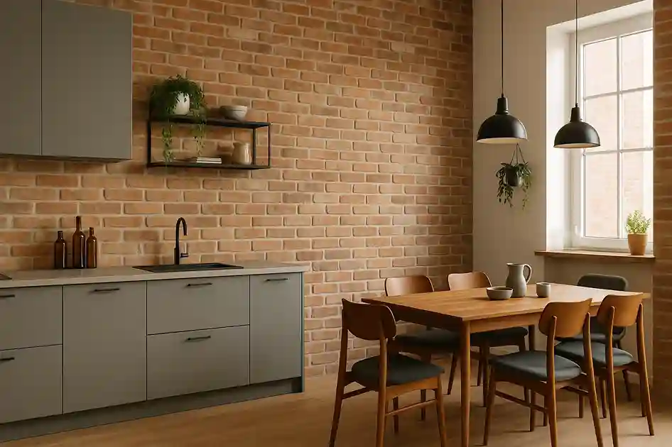 Kitchen and dining area featuring a brick wall, showcasing stylish brick wall décor ideas for modern interiors.