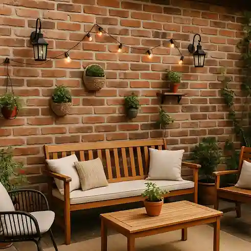 Outdoor patio featuring a brick wall decorated with plants and lights, showcasing creative brick wall décor ideas.