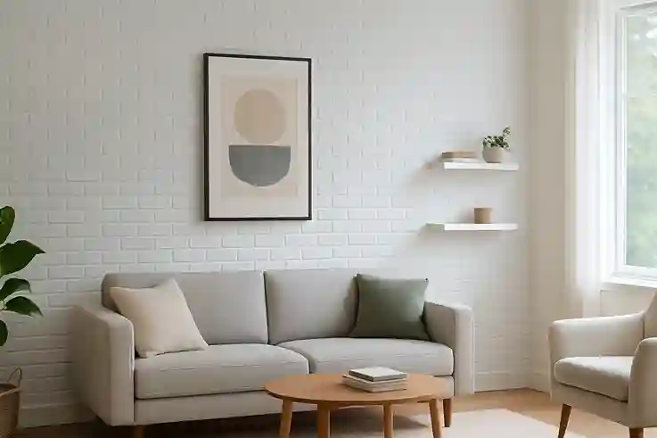 Modern living room with a painted brick wall, showcasing stylish brick wall décor ideas.