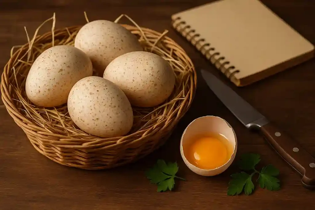 Fresh turkey eggs in a rustic kitchen setting, ready for cooking – Can You Eat Turkey Eggs?